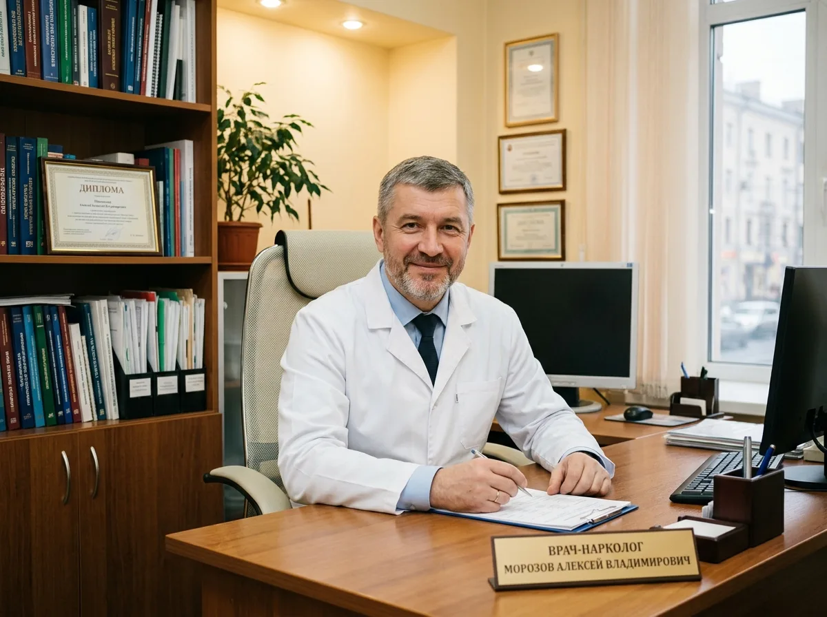 Врач-нарколог Алексей Владимирович Морозов, портрет в медицинском кабинете, деловой вид, белый халат, тёплое освещение