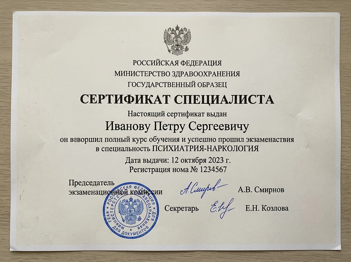 Сертификат специалиста врача-нарколога, государственный образец, официальный документ с подписями и печатью, скан